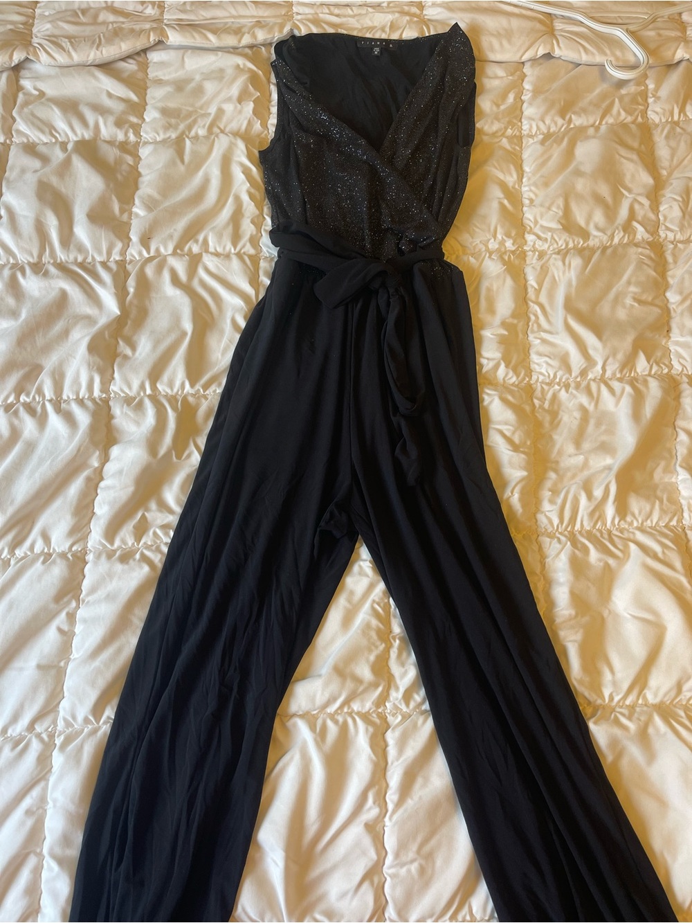 Tiana B. Black Sparkle Surplice Jumpsuit with Waist Tie
